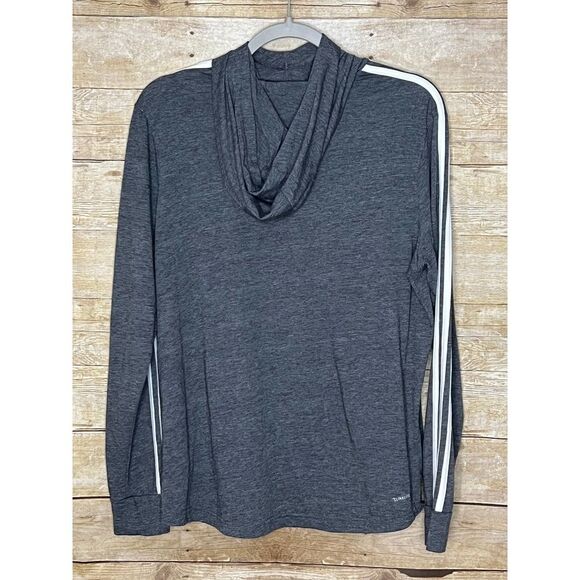 ADIDAS THREE STRIPE HOODED LONG SLEEVE GYM ATHLETIC ATHLEISURE SHIRT SIZE LARGE - Picture 2 of 3